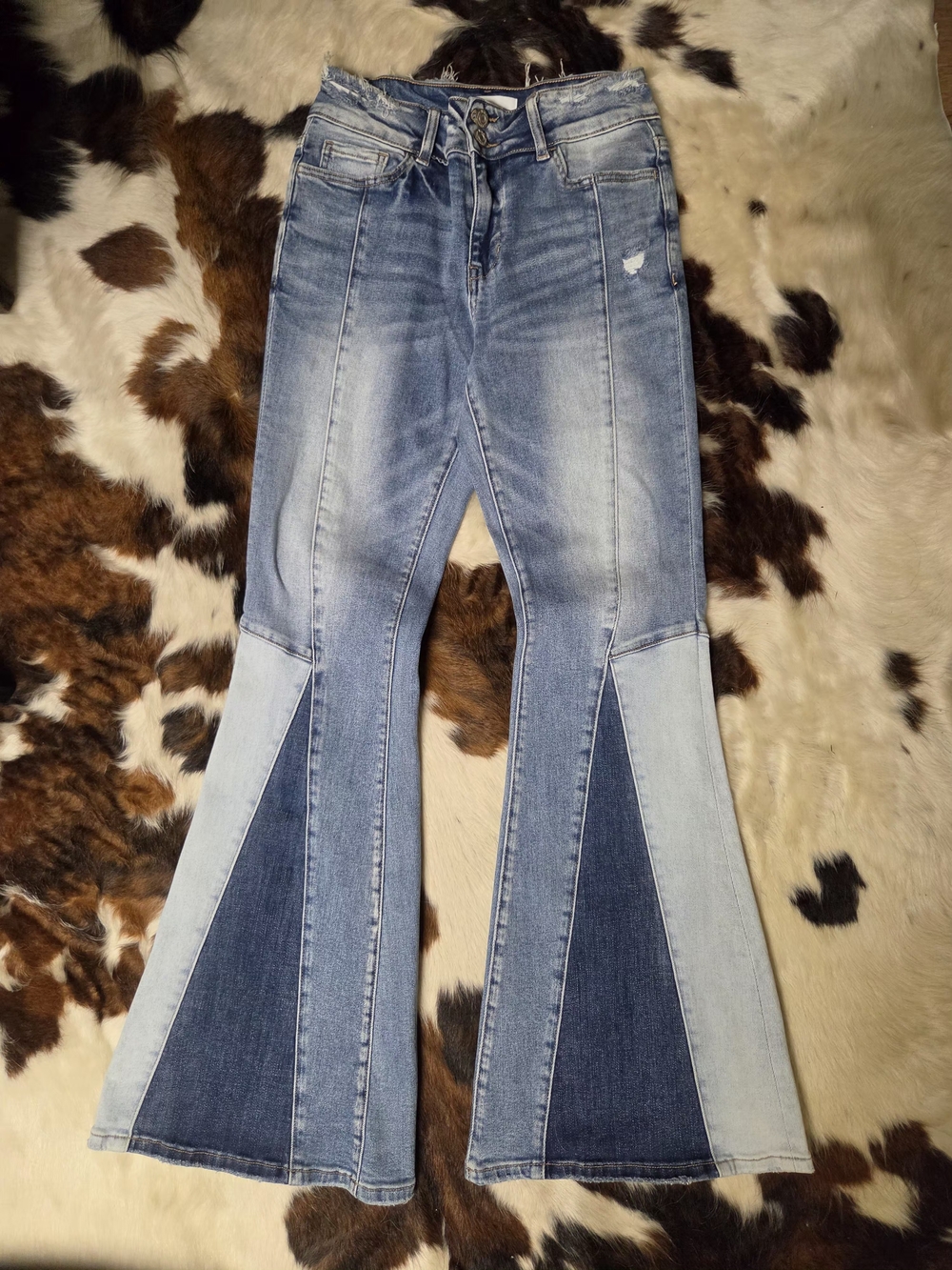 Patchwork Flare Jeans in Light Blue Denim